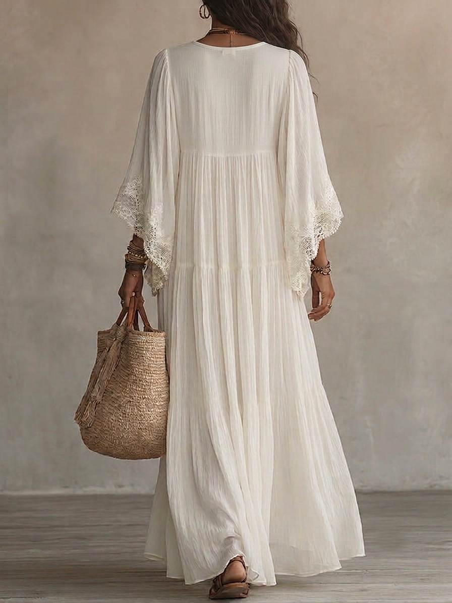 Celeste | Long ivory chiffon dress with batwing sleeves and white lace