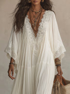 Celeste | Long ivory chiffon dress with batwing sleeves and white lace